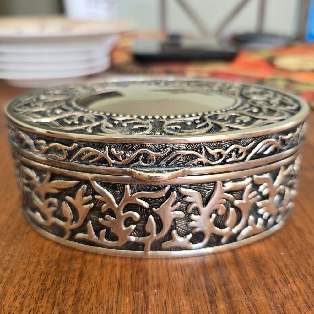Ornate Filigree Silver Plate Oval Jewelry Box Vintage Repousse Trinket Case